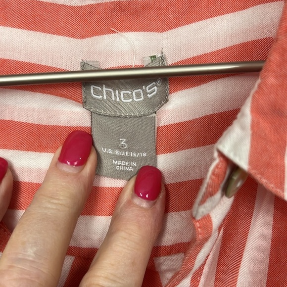 Chico’s Womens Tunic 3 Orange White Splice Stripes Button Up Button Cuff Pockets - Picture 2 of 14